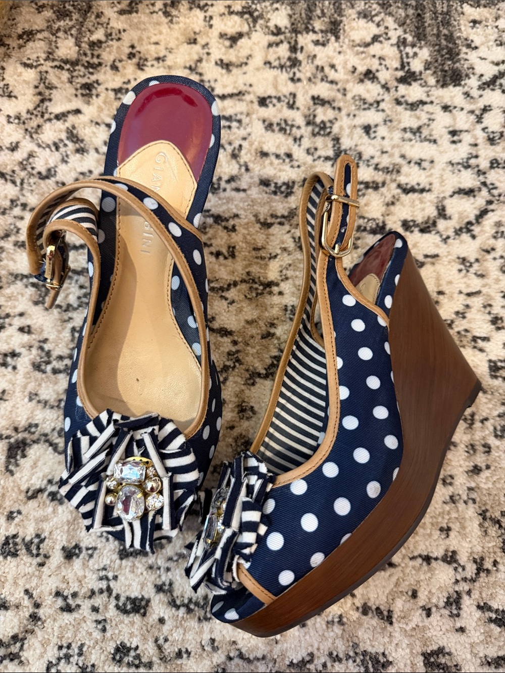 Gianni Bini Navy Polka Dot Wedge Slingbacks with Jeweled Floral Accent